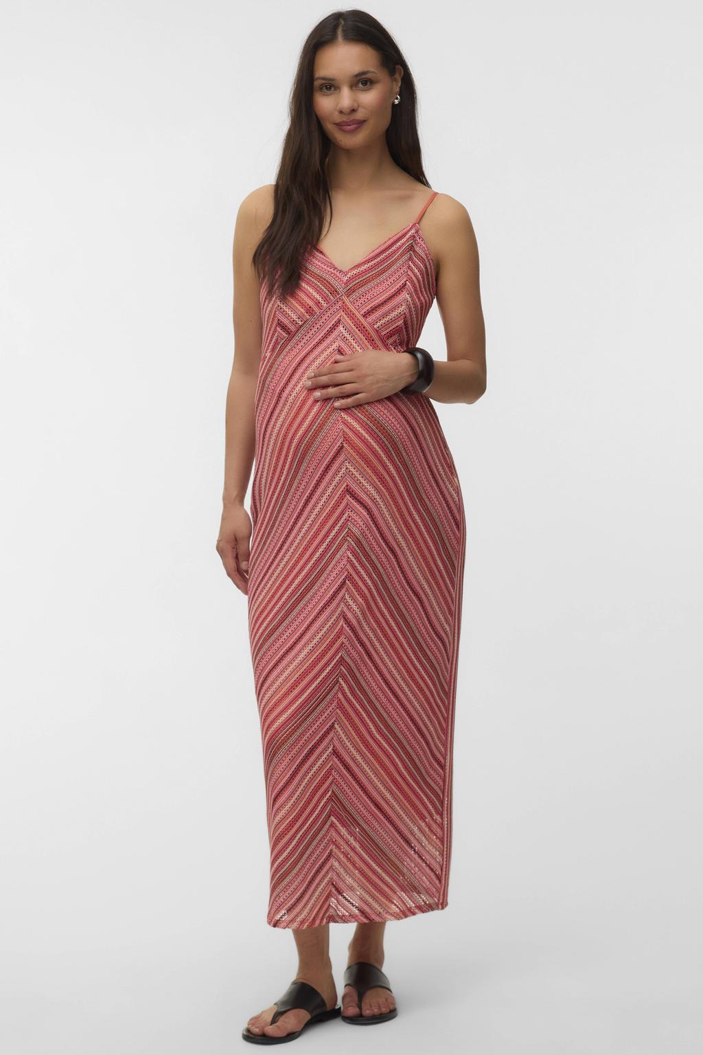 VERO MODA MATERNITY gestreepte zwangerschaps maxi jurk gehaakt koraalrood