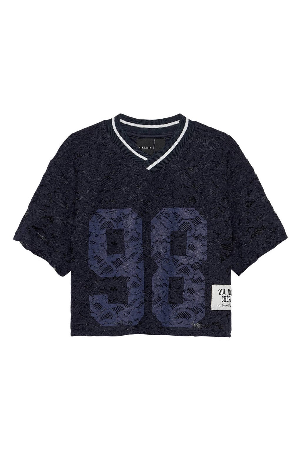 Donkerblauwe meisjes NIK&NIK T-shirt van katoen met printopdruk, korte mouwen, V-hals en kant