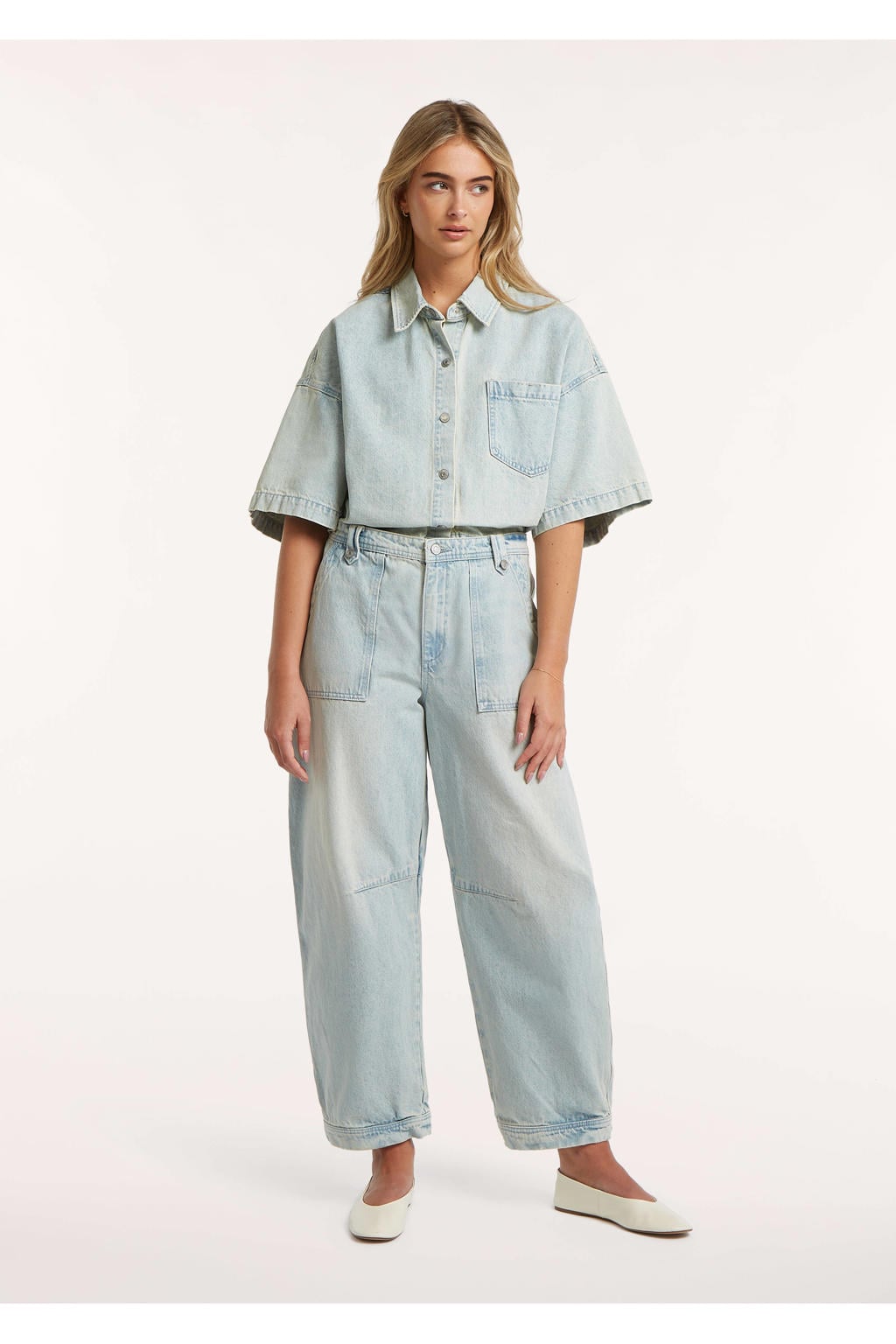Light blue denim dames Circle of Trust high waist barrel jeans van denim met rits- en knoopsluiting en effen