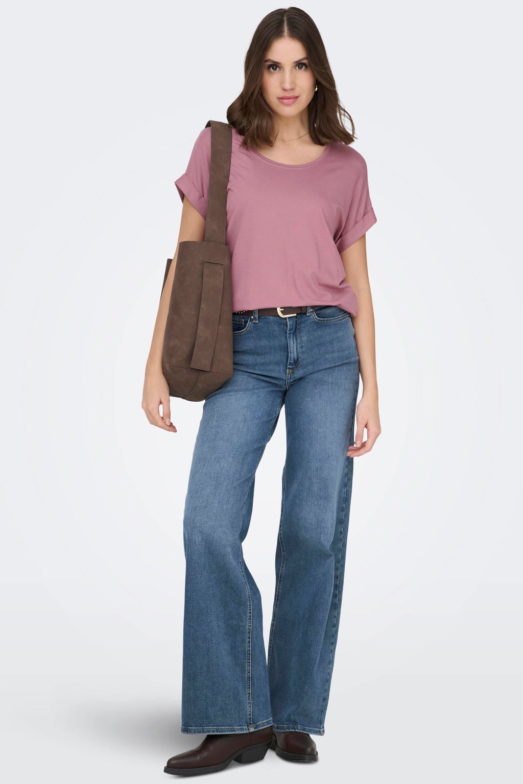 Roze dames ONLY T-shirt van viscose met effen, korte mouwen, ronde hals en omslagdetail