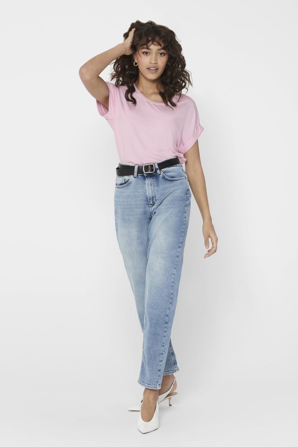 Lichtroze dames ONLY T-shirt van viscose met effen, korte mouwen, ronde hals en omslagdetail