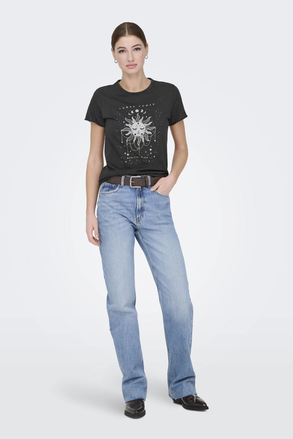 Zwart en witte dames ONLY T-shirt van katoen met printopdruk, korte mouwen en ronde hals
