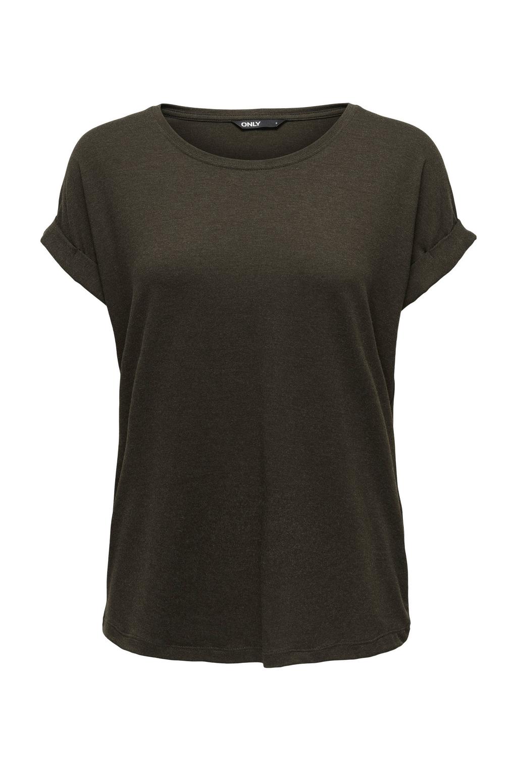 Donkergroene dames ONLY T-shirt van viscose met effen, korte mouwen, ronde hals en omslagdetail