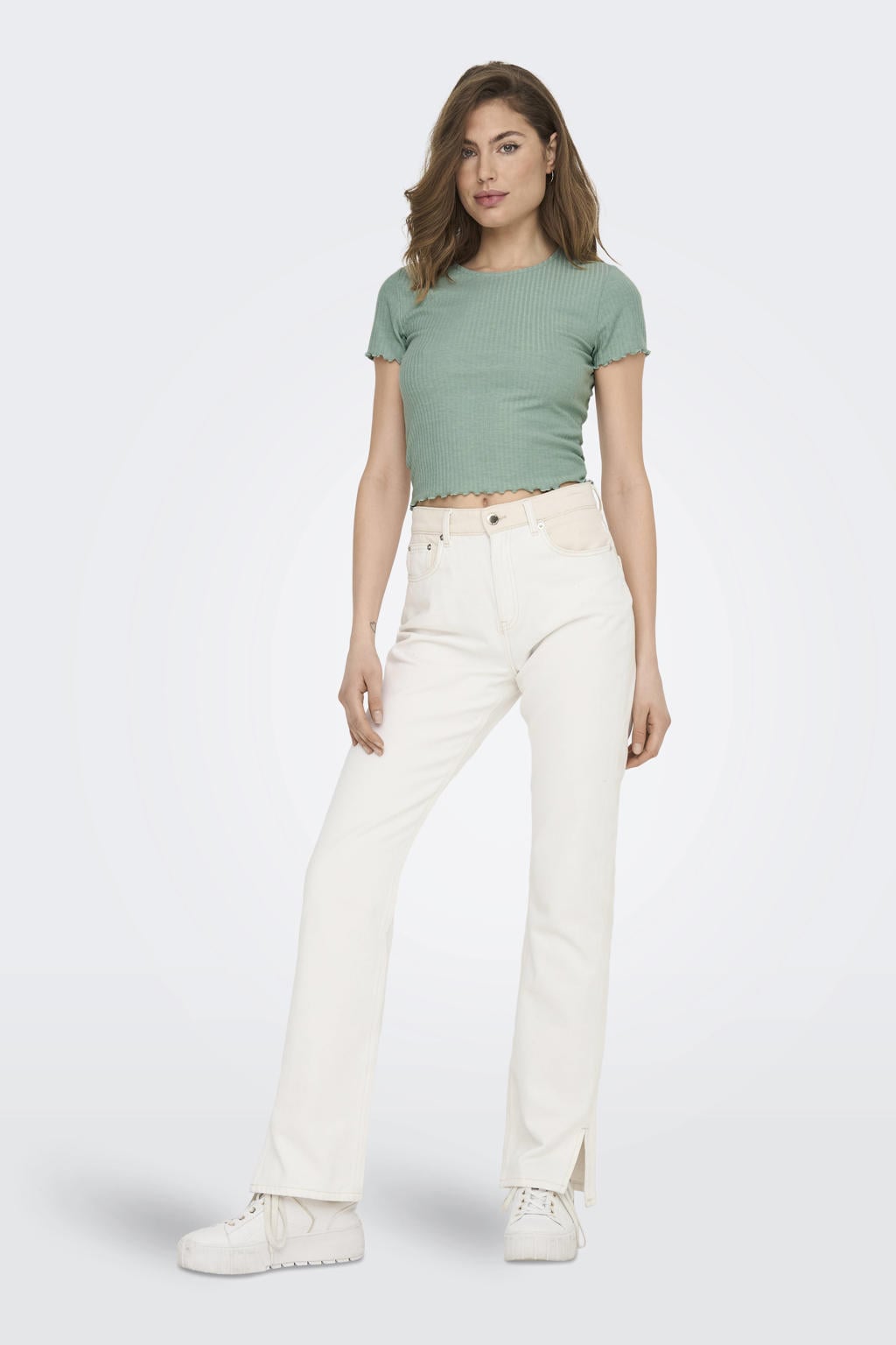 Lichtgroene dames ONLY cropped top rib gebreid van polyester met effen, korte mouwen en ronde hals