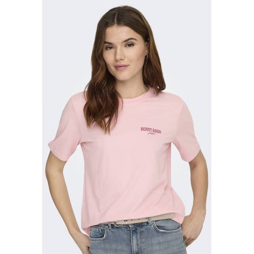 ONLY T-shirt met backprint lichtroze afbeelding