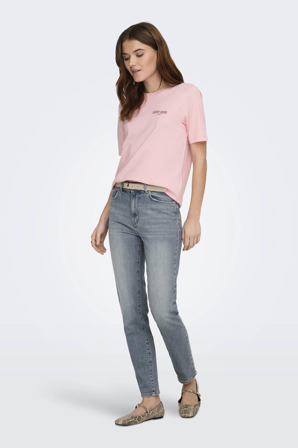 Lichtroze dames ONLY T-shirt van katoen met backprint, korte mouwen en ronde hals