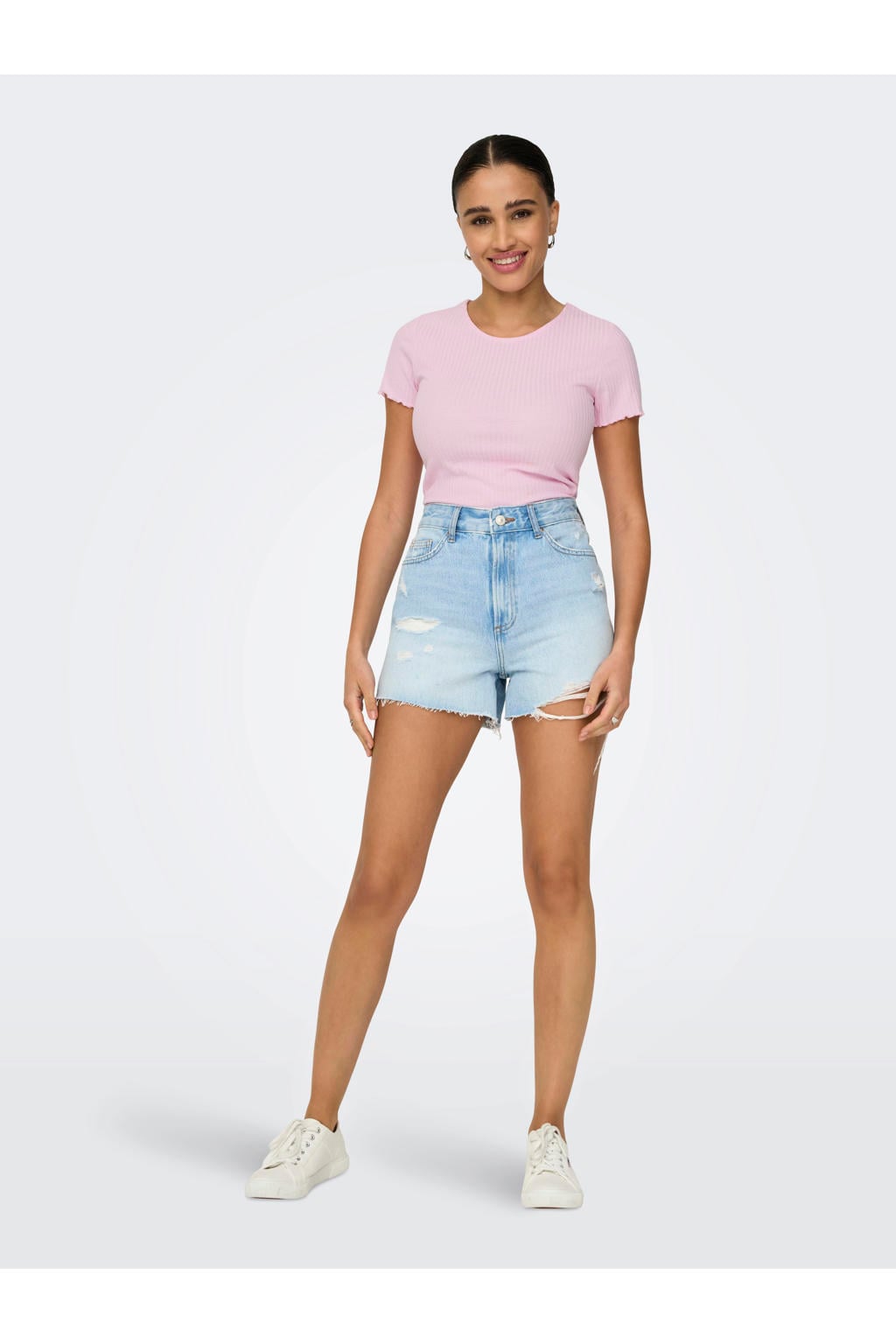 Lichtroze dames ONLY cropped top rib gebreid van polyester met effen, korte mouwen en ronde hals