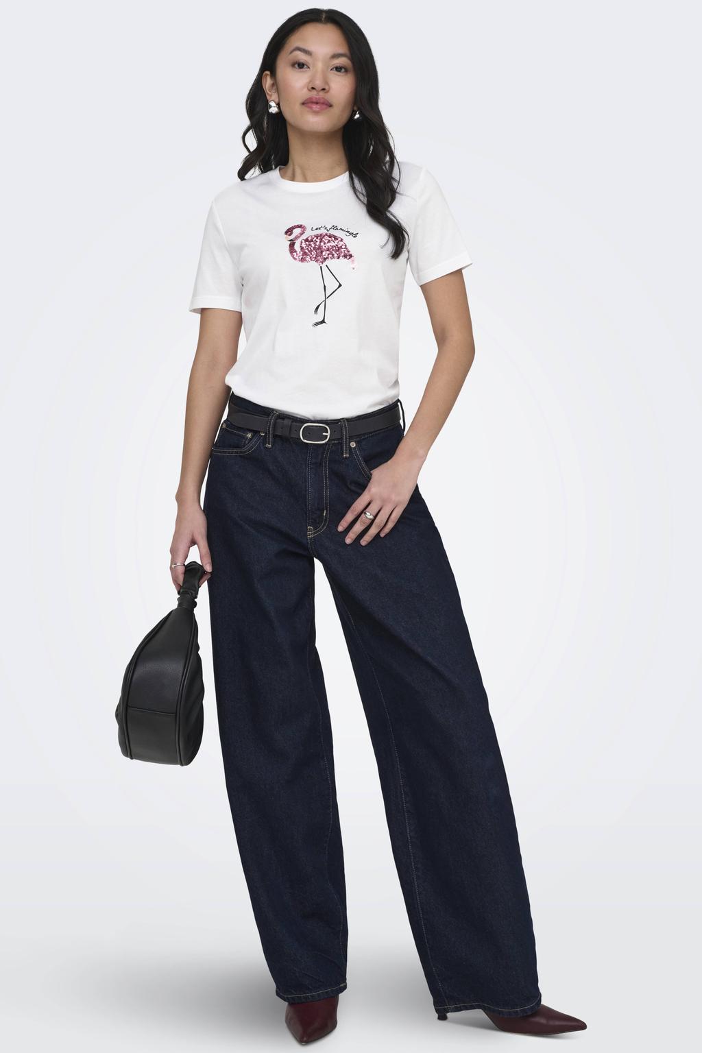 Wit en roze dames ONLY T-shirt van katoen met printopdruk, korte mouwen en ronde hals