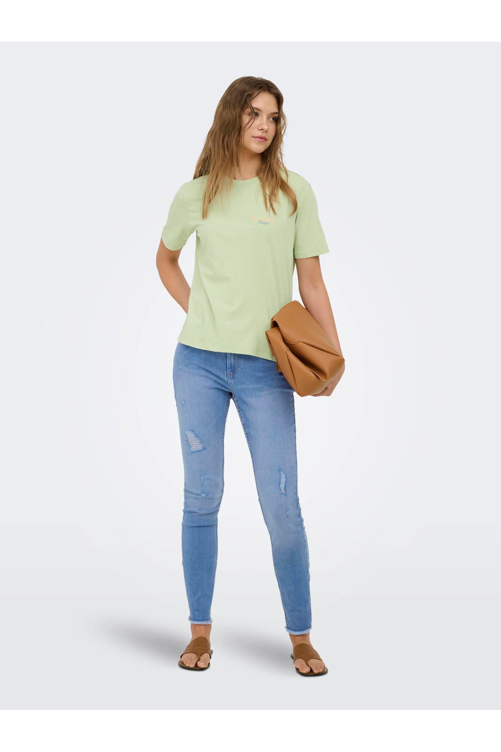 Lichtgroene dames ONLY T-shirt van katoen met printopdruk, korte mouwen en ronde hals