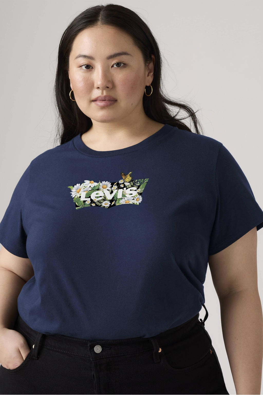 Blauwe dames Levi's Plus T-shirt van katoen met effen en korte mouwen