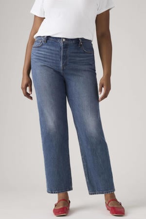 high waist straight leg jeans medium blue denim