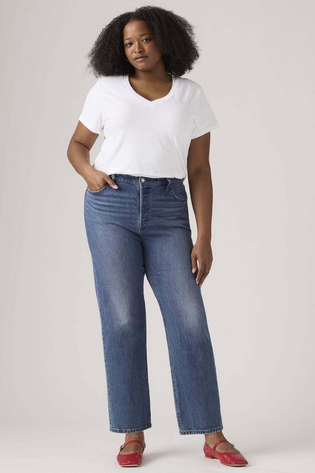 Medium blue denim dames Levi's Plus high waist straight leg jeans van denim met rits- en knoopsluiting en effen