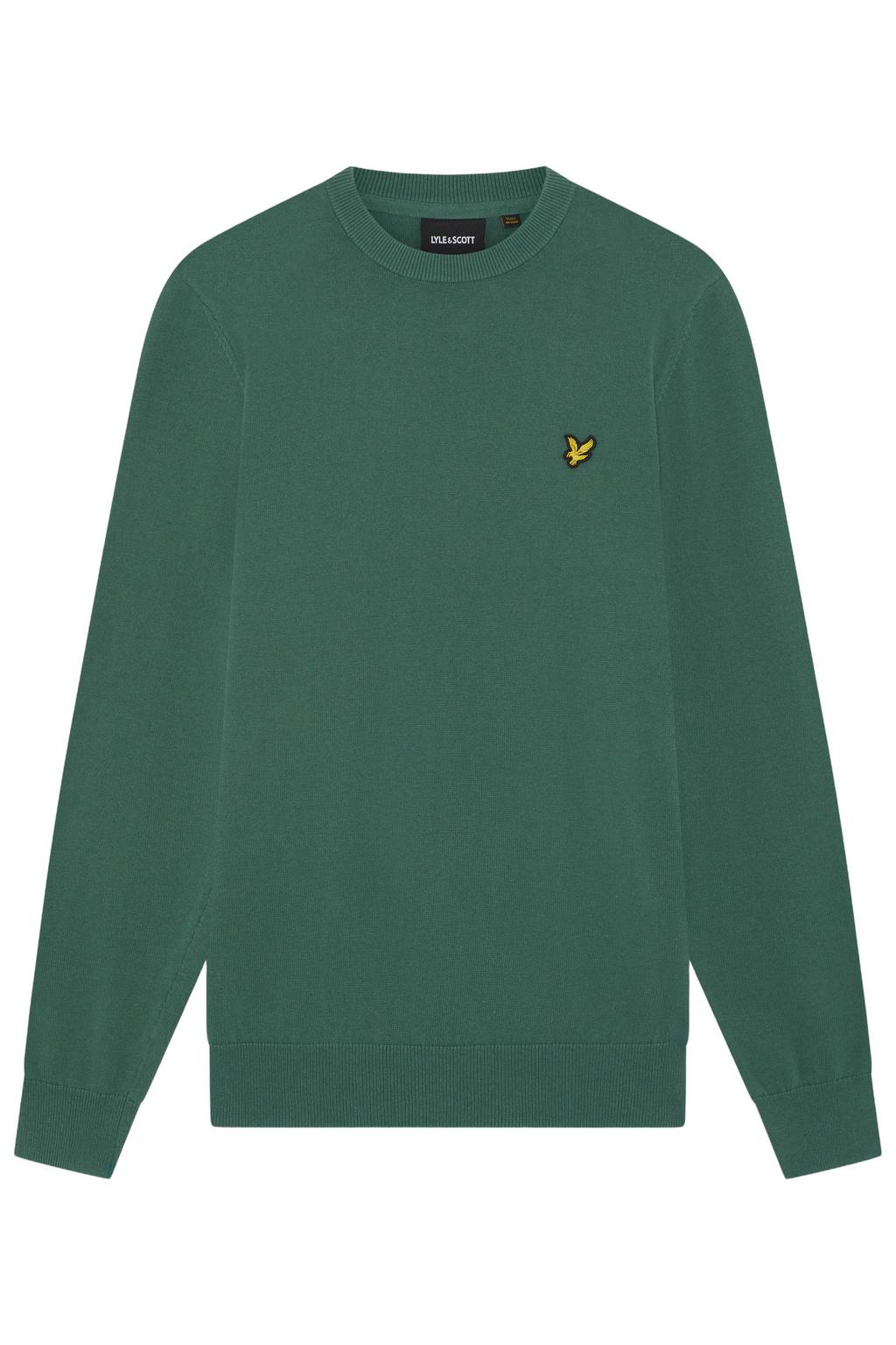 Groene heren Lyle & Scott trui fijn gebreid van katoen met effen, lange mouwen en ronde hals