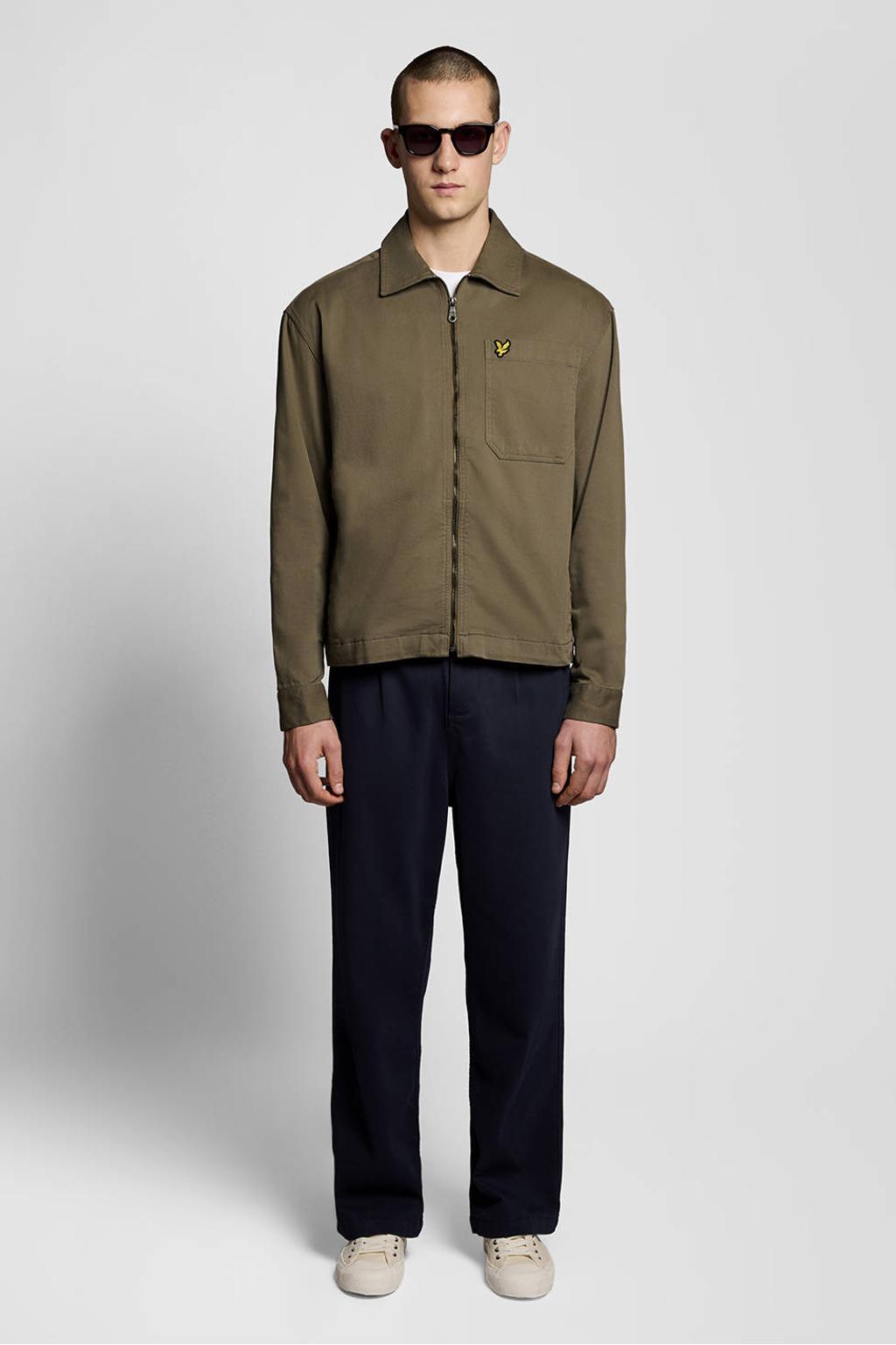 Kakikleurige heren Lyle & Scott overshirt van katoen met effen, lange mouwen, klassieke kraag en ritssluiting
