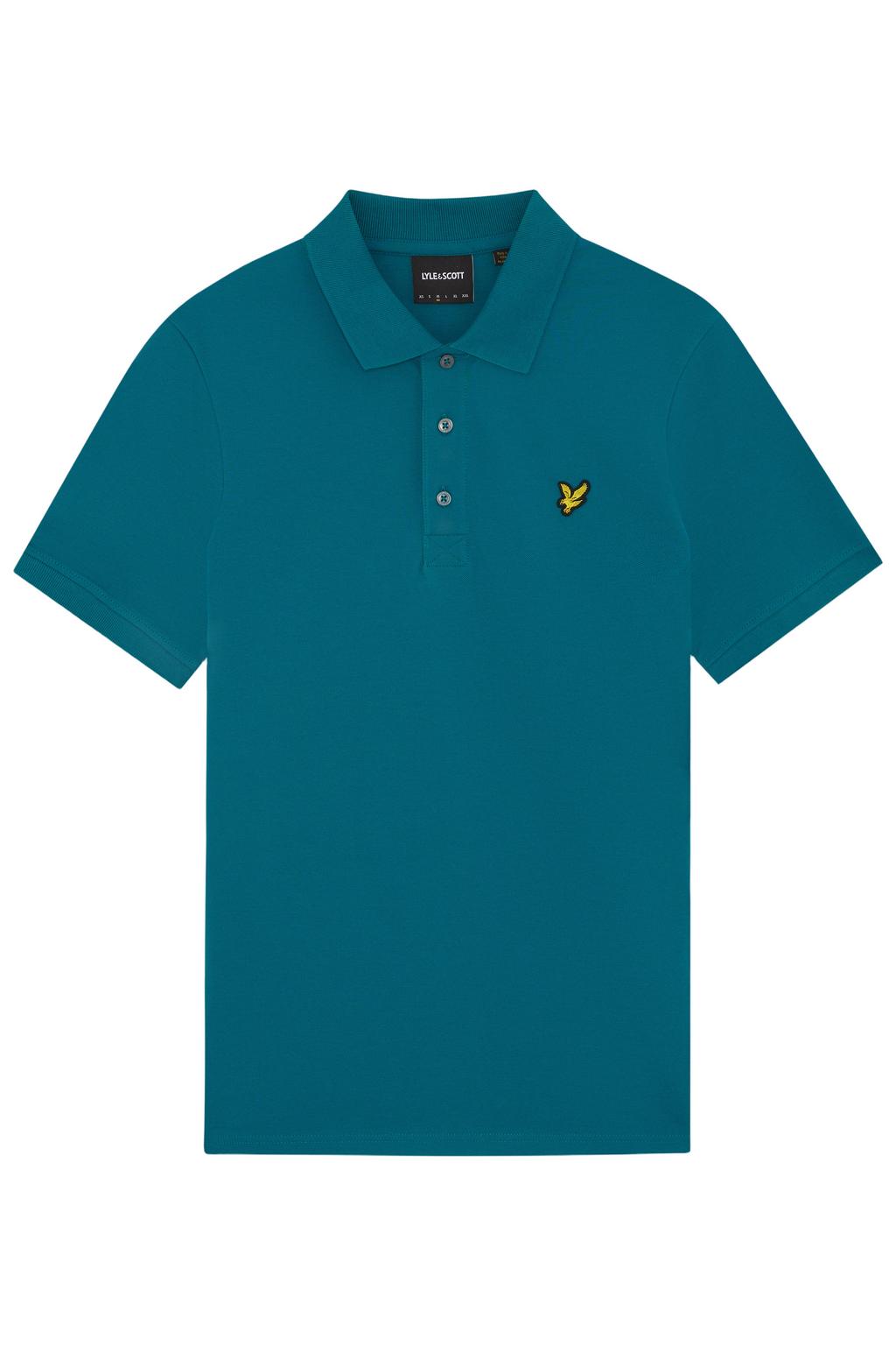 Petrolkleurige heren Lyle & Scott regular polo van katoen met effen, korte mouwen, knoopsluiting en pique