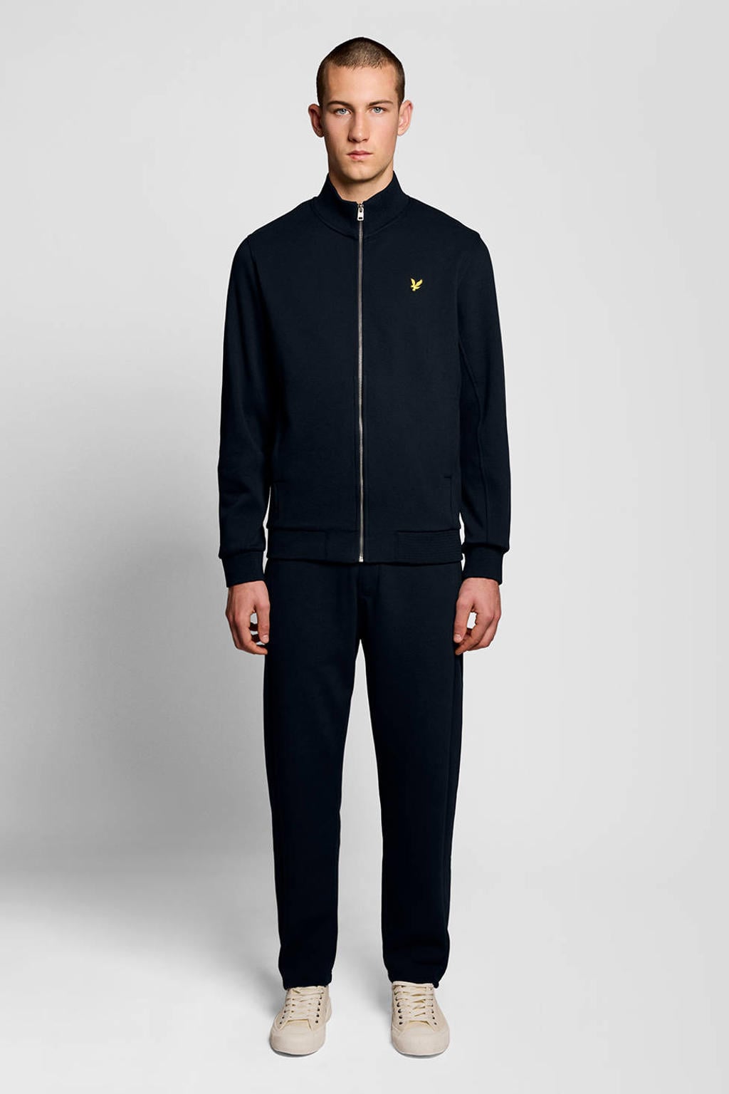 Donkerblauwe heren Lyle & Scott sweatvest van katoen met effen, lange mouwen, opstaande kraag en ritssluiting