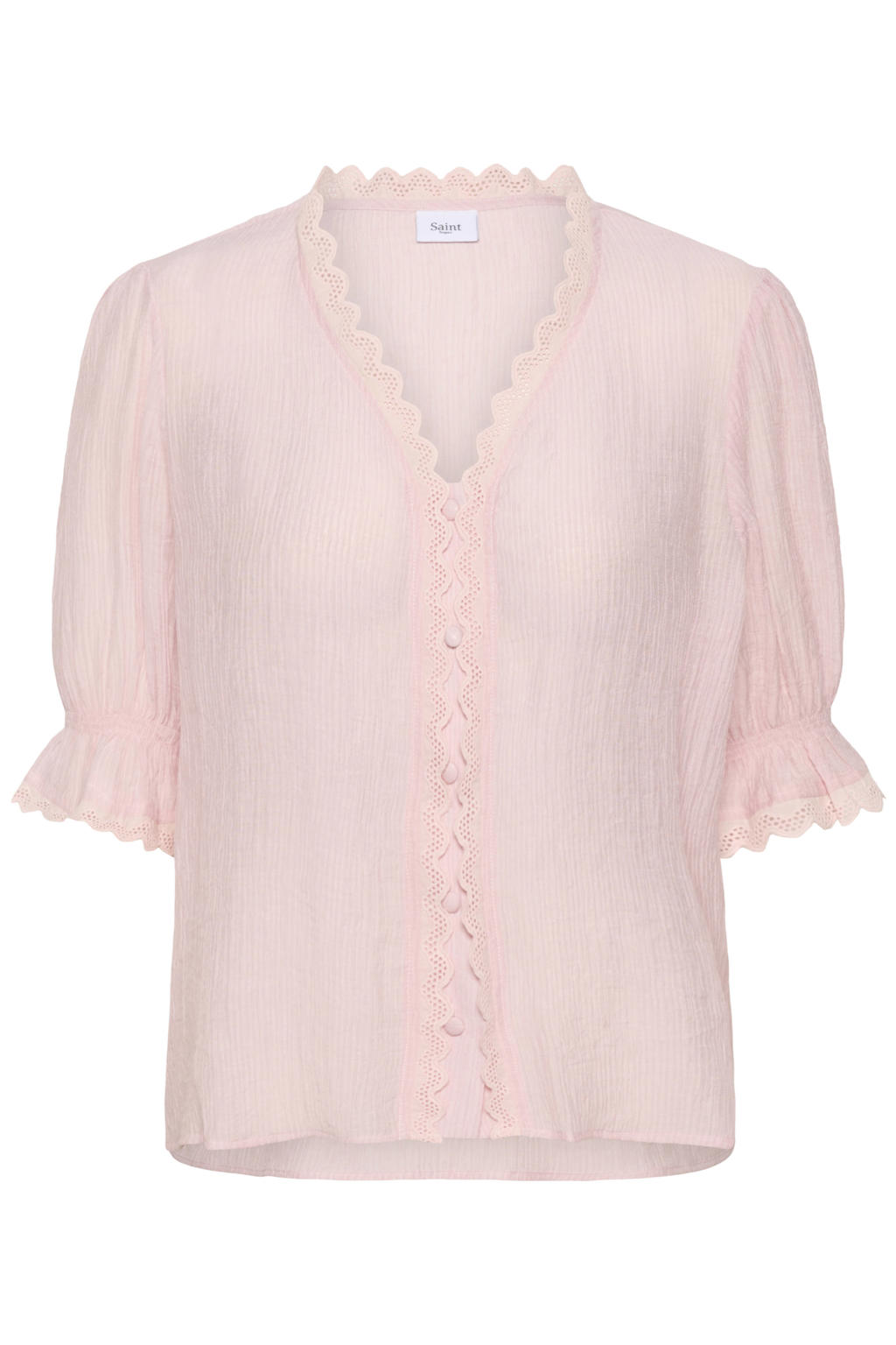Lichtroze dames Saint Tropez blouse van viscose met effen, half lange mouwen, V-hals, knoopsluiting en crinkle cotton