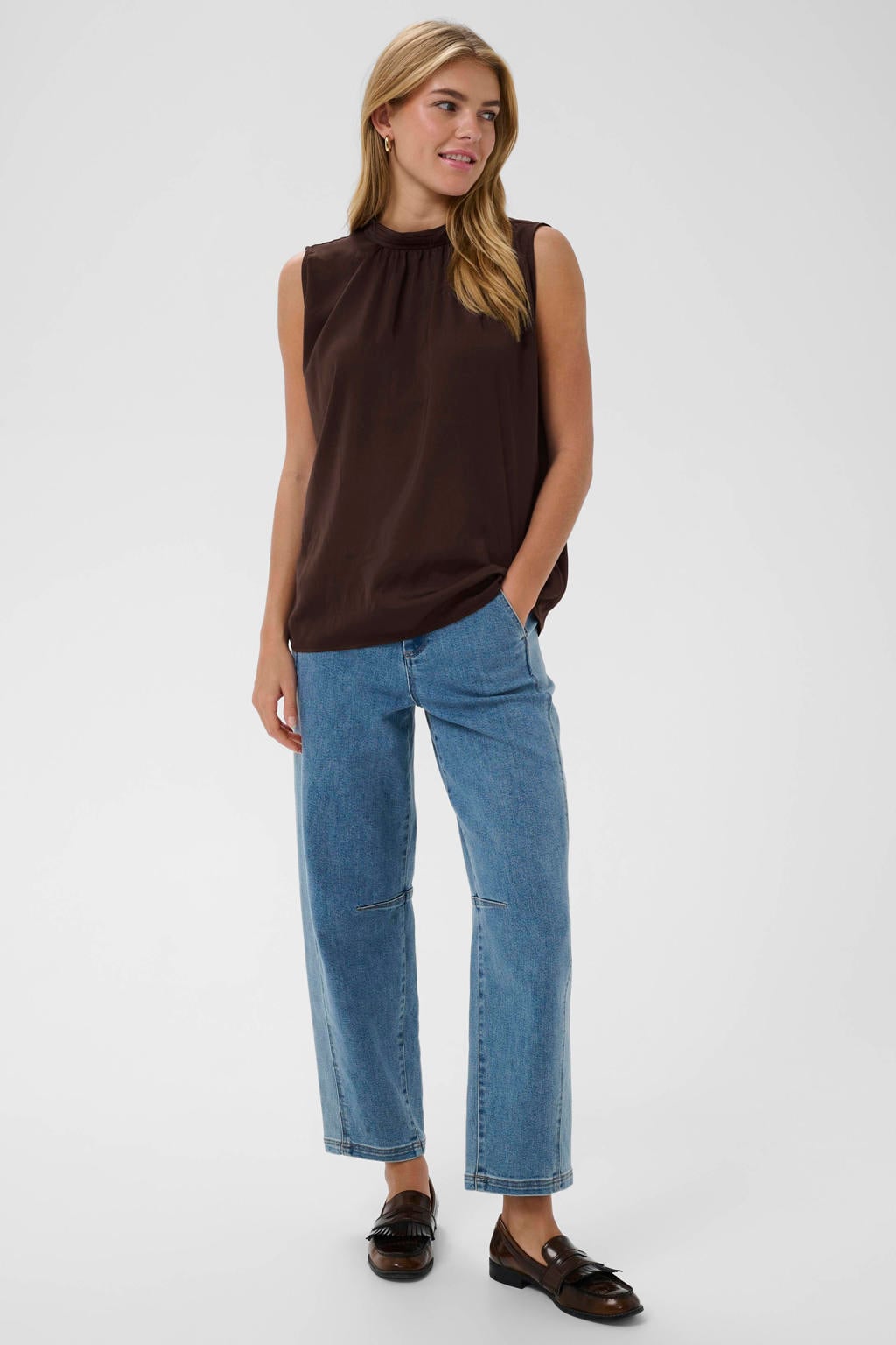 Donkerblauwe dames Saint Tropez mouwloze top van polyester met effen en plooien