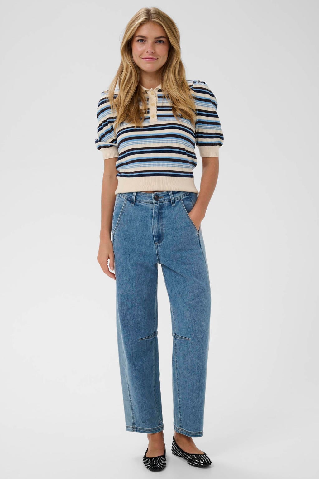 Light blue denim dames Saint Tropez MaudeSZ high waist straight leg jeans van denim met rits- en knoopsluiting en effen
