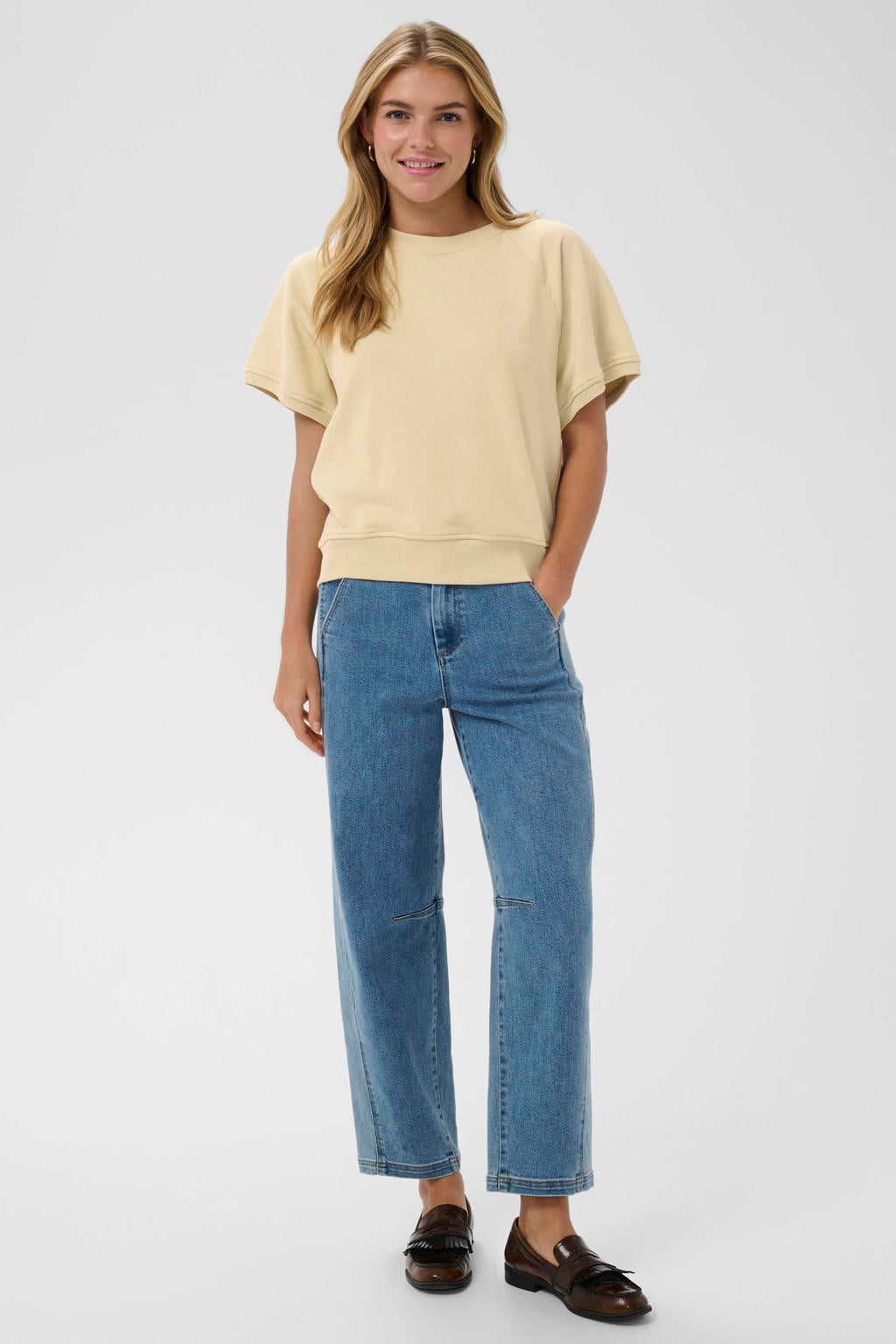 Lichtgele dames Saint Tropez cropped top met effen, korte mouwen, ronde hals en geribde boorden
