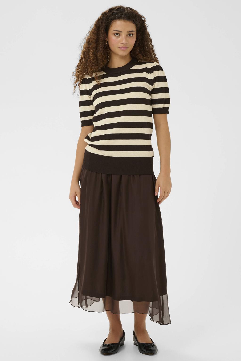 Donkerblauwe dames Saint Tropez gestreepte top fijn gebreid van viscose met korte mouwen en ronde hals