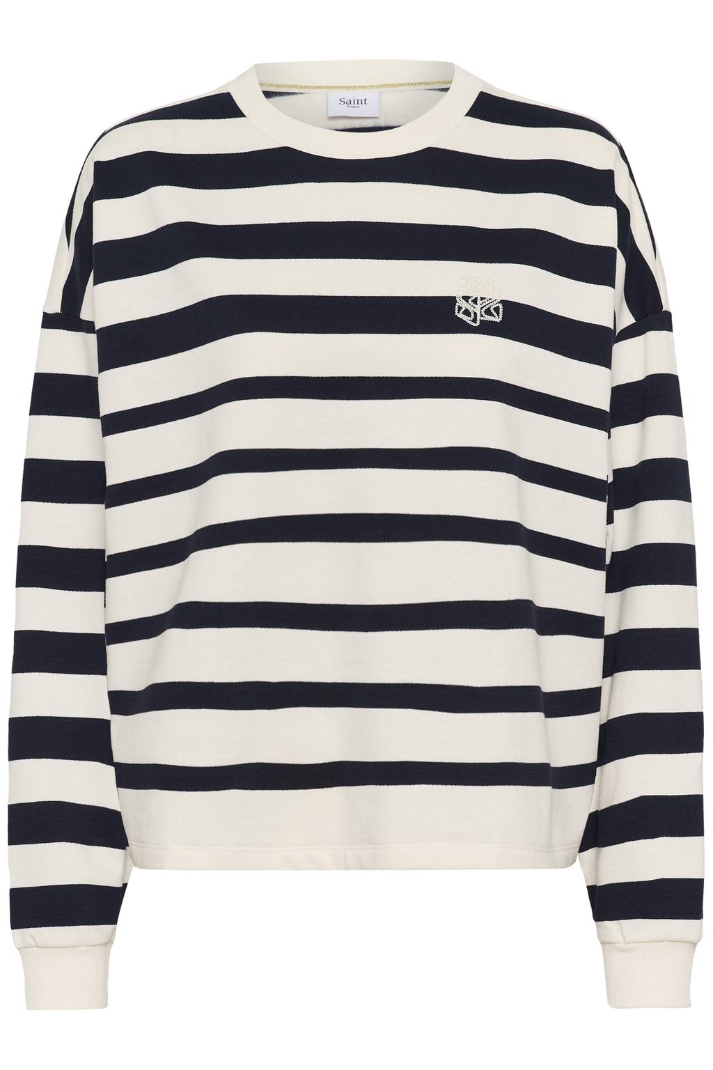 Donkerblauwe dames Saint Tropez gestreepte sweater van katoen met logo dessin, lange mouwen en ronde hals