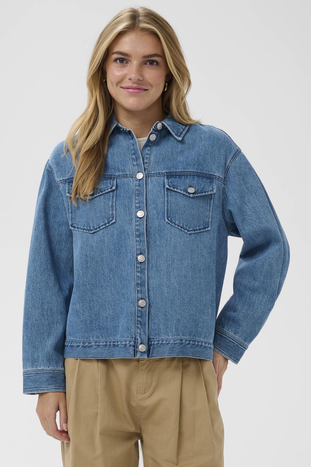 Medium blue denim dames Saint Tropez spijkerjas van katoen met effen, lange mouwen, klassieke kraag en textuur