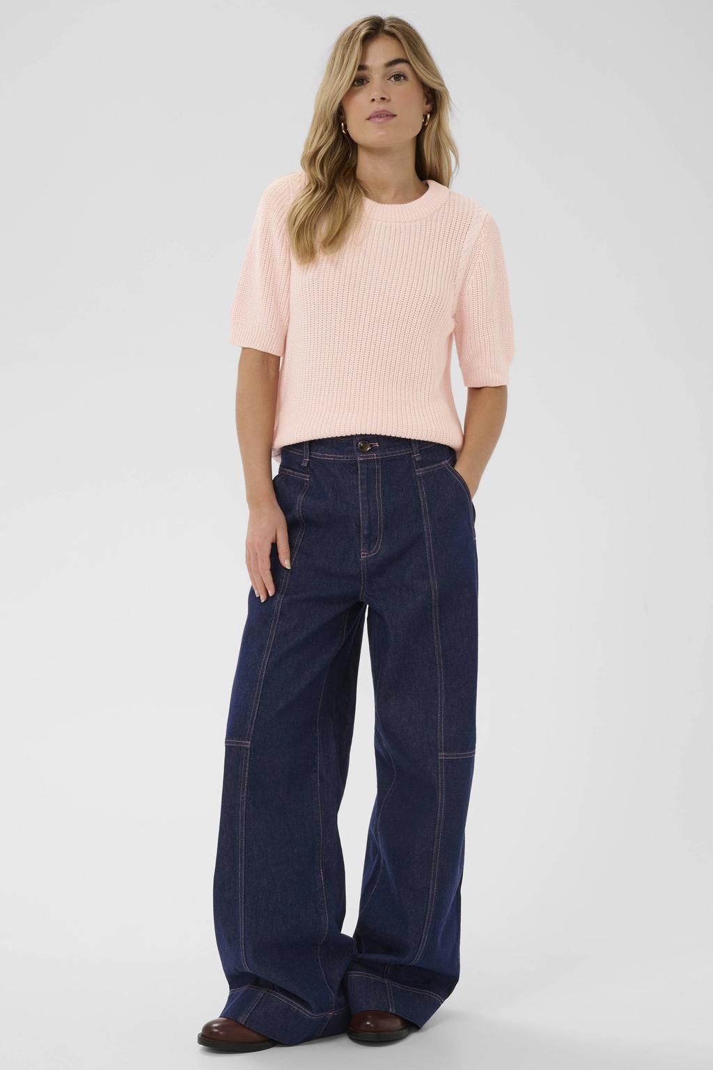 Lichtroze dames Saint Tropez top grof gebreid met effen en korte mouwen