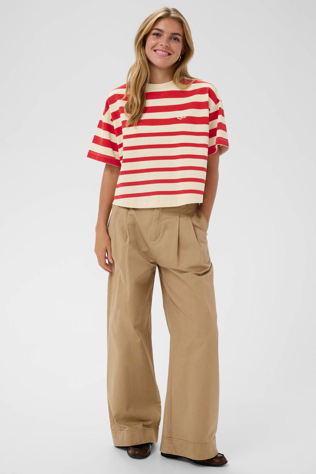 Rode dames Saint Tropez gestreepte T-shirt van katoen met logo dessin, korte mouwen en ronde hals
