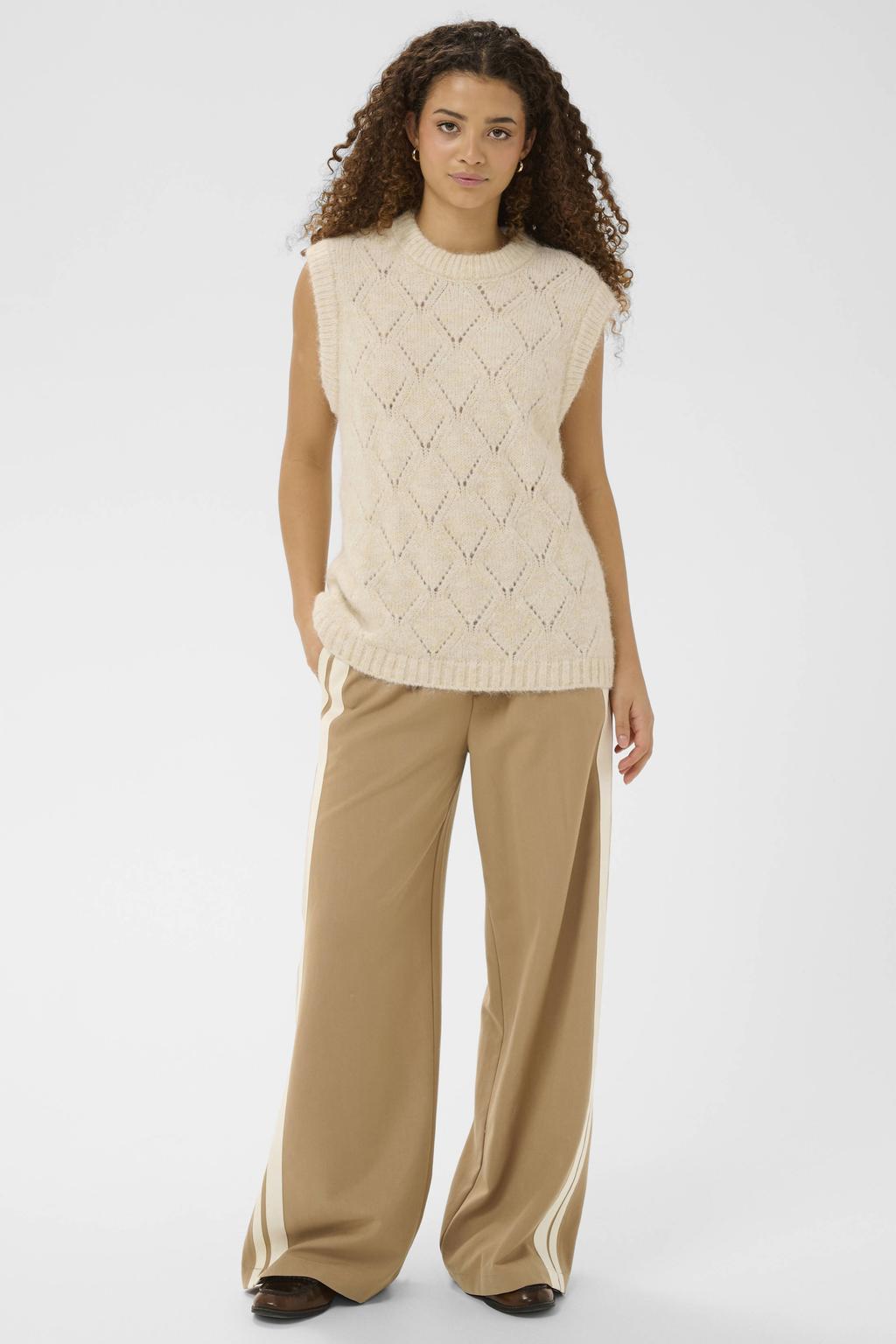 Beige dames Saint Tropez high waist casual broek van polyester met loose fit, elastische tailleband en effen