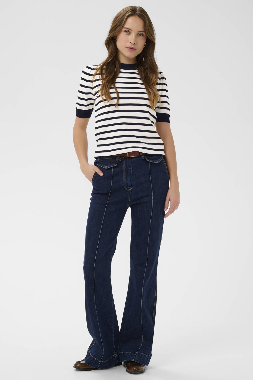Wit en marineblauwe dames Saint Tropez gestreepte gebreide trui van viscose met half lange mouwen en ronde hals