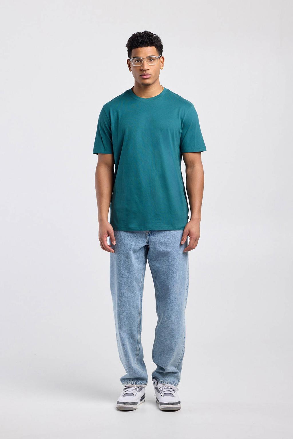 Blauwe heren America Today regular T-shirt van katoen met effen, korte mouwen en ronde hals