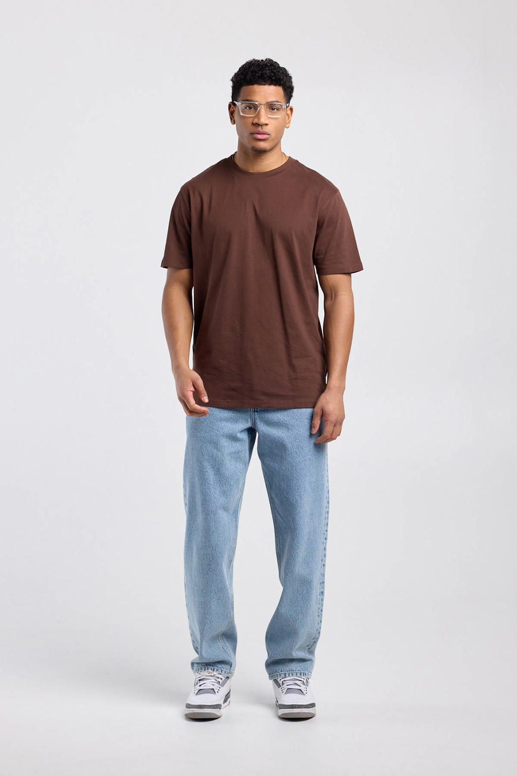 Bruine heren America Today regular T-shirt van katoen met effen, korte mouwen en ronde hals