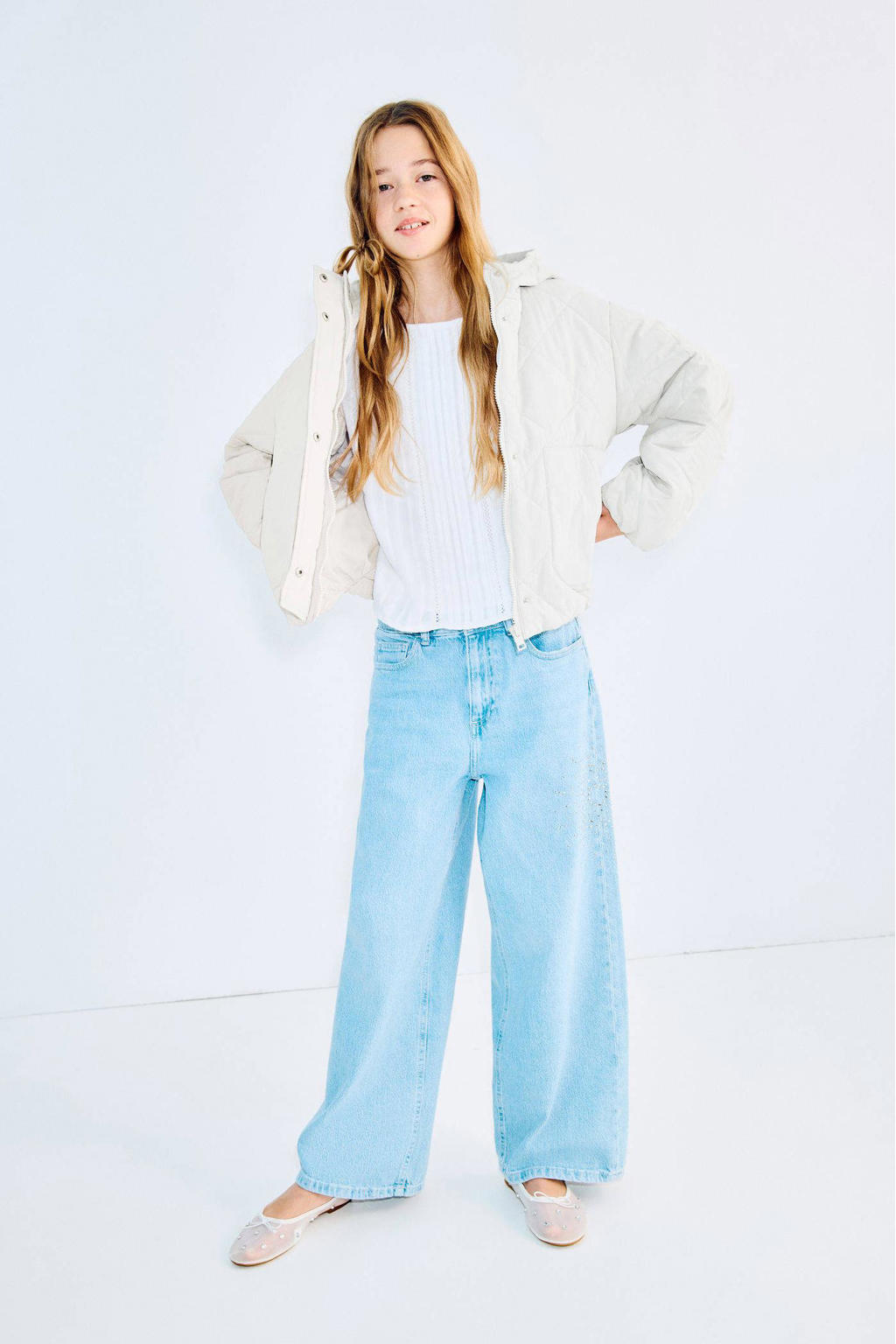 Ecru meisjes Mango Kids tussenjas van polyamide met effen, lange mouwen, capuchon, rits- en drukknoopsluiting en doorgestikte details