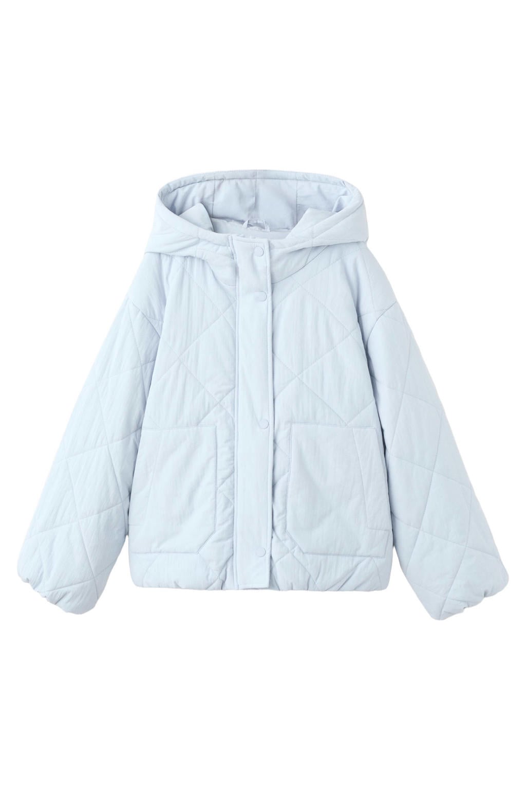 Lichtblauwe meisjes Mango Kids tussenjas van polyamide met effen, lange mouwen, capuchon, rits- en drukknoopsluiting en doorgestikte details