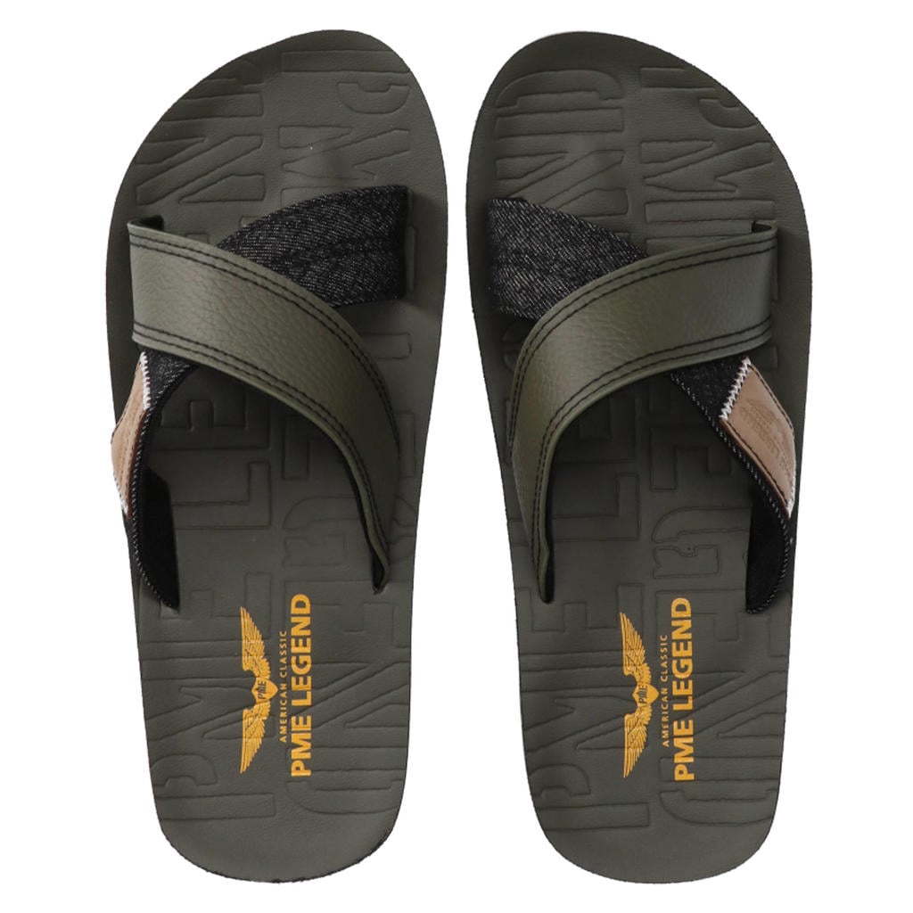Groene heren PME Legend Fluelglider slippers - van leer en textiel