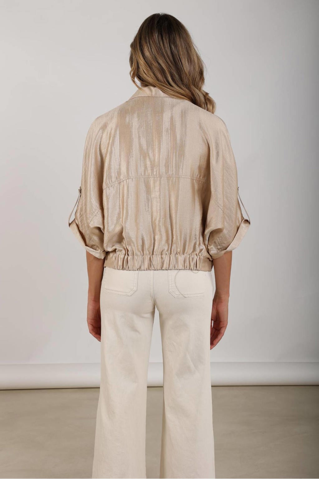 Gouden dames NUKUS blouse van viscose met effen, driekwart mouwen, klassieke kraag en knoopsluiting