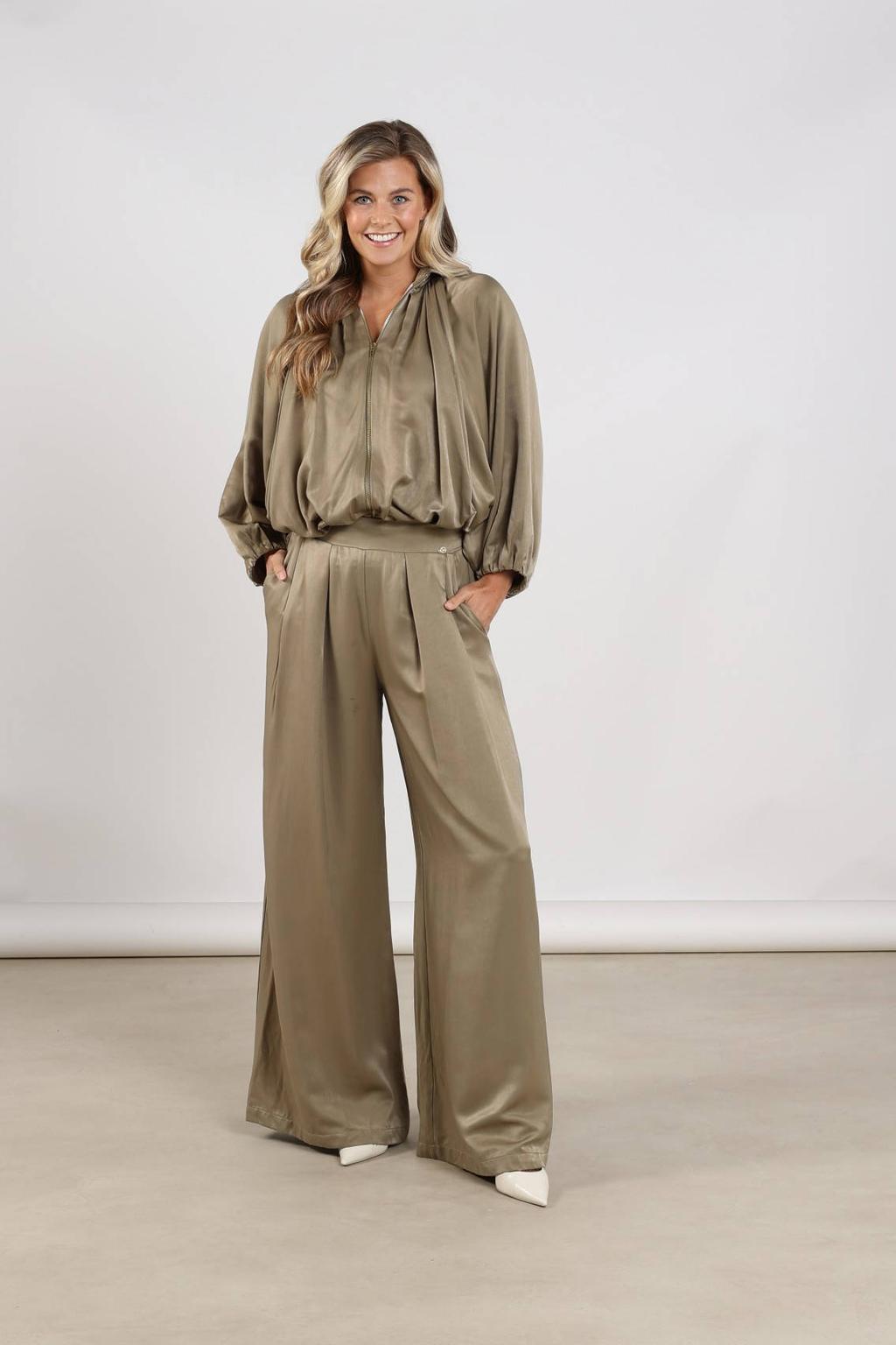 Lichtkaki dames NUKUS broek van satijn met wijde pijpen, high waist, elastische tailleband en effen