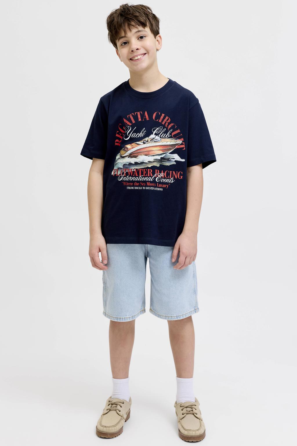 Light blue denim jongens JACK & JONES JUNIOR baggy high waist short van denim met rits- en knoopsluiting en effen
