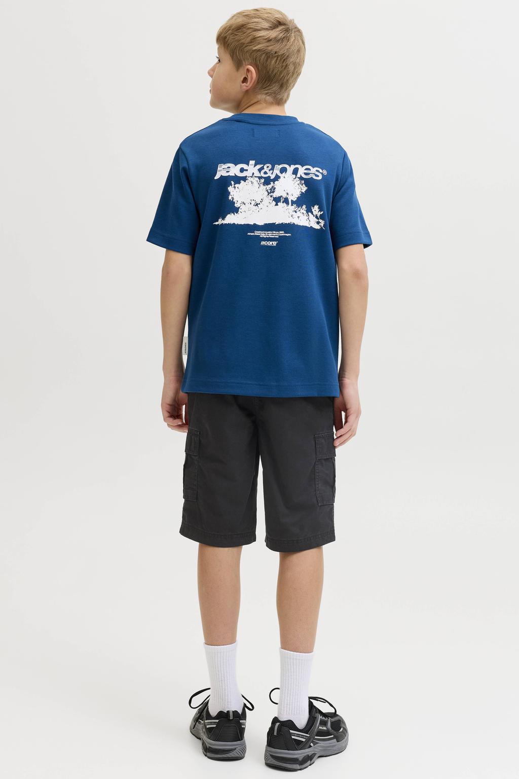 Zwarte jongens JACK & JONES JUNIOR relaxed high waist cargo short van katoen met rits- en knoopsluiting en effen