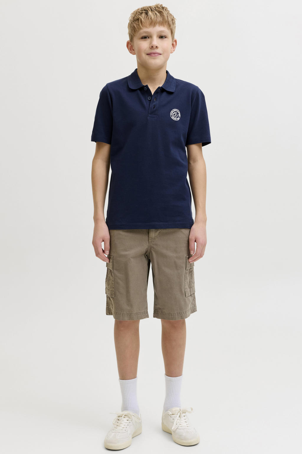 Bruine jongens JACK & JONES JUNIOR relaxed high waist cargo short van katoen met rits- en knoopsluiting en effen