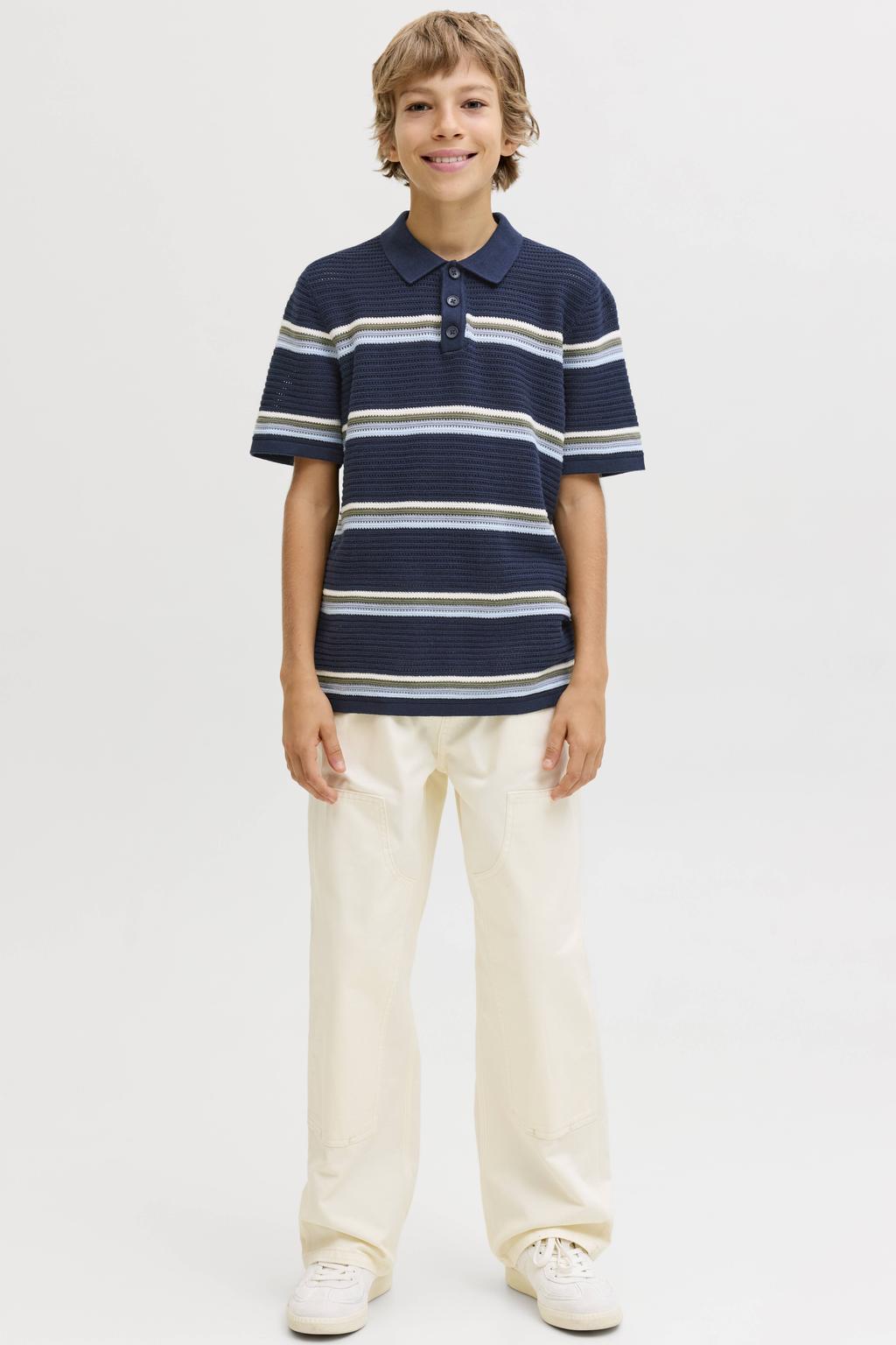 Donkerblauw, blauw en groene jongens JACK & JONES JUNIOR gestreepte polo gebreid van katoen met korte mouwen en knoopsluiting