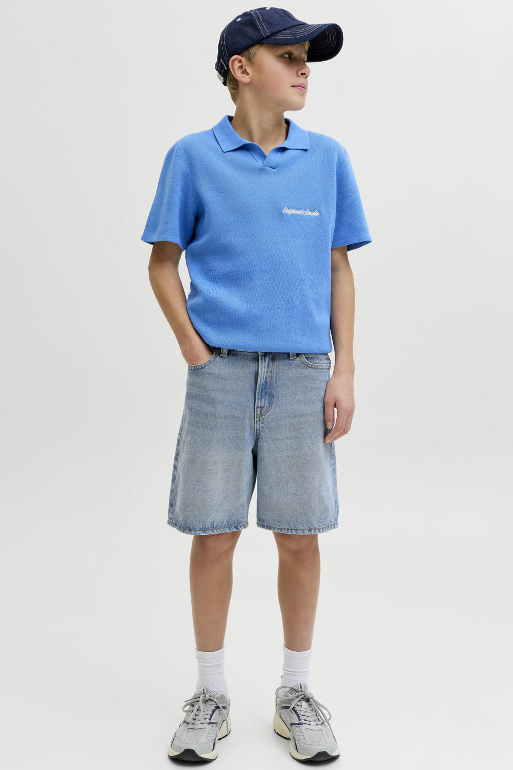 Light blue denim jongens JACK & JONES JUNIOR relaxed short van denim met knoopsluiting en effen