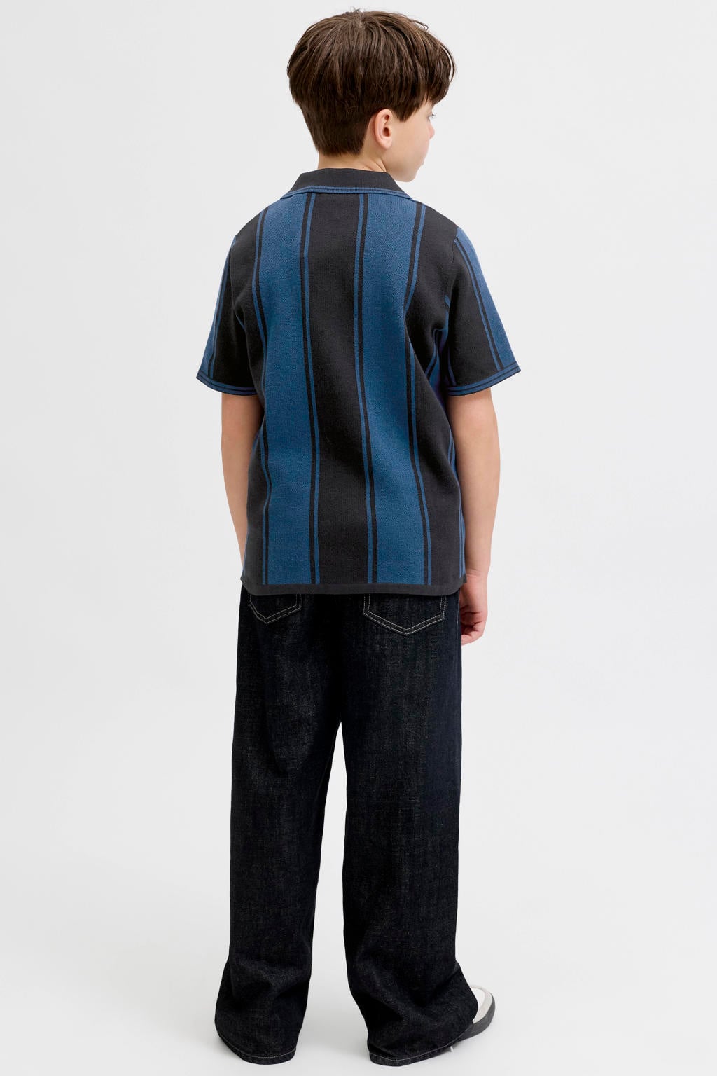 Blauw en zwarte jongens JACK & JONES JUNIOR gestreepte polo gebreid van katoen met korte mouwen