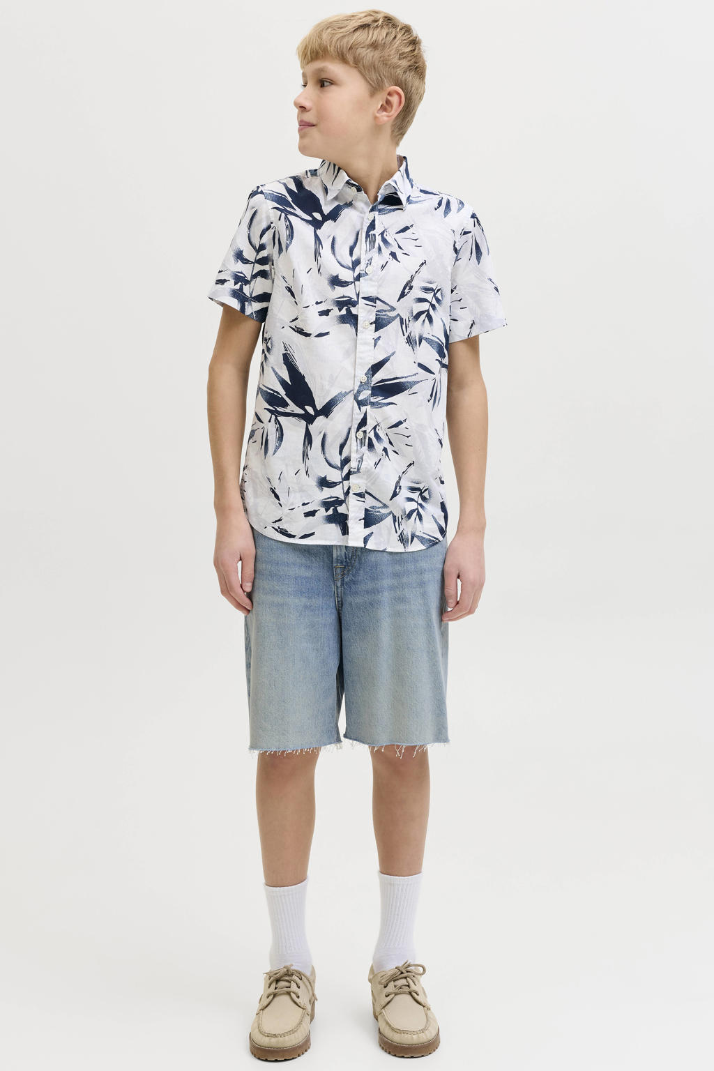 Medium blue denim jongens JACK & JONES JUNIOR jort van denim met loose fit, rits- en knoopsluiting en effen