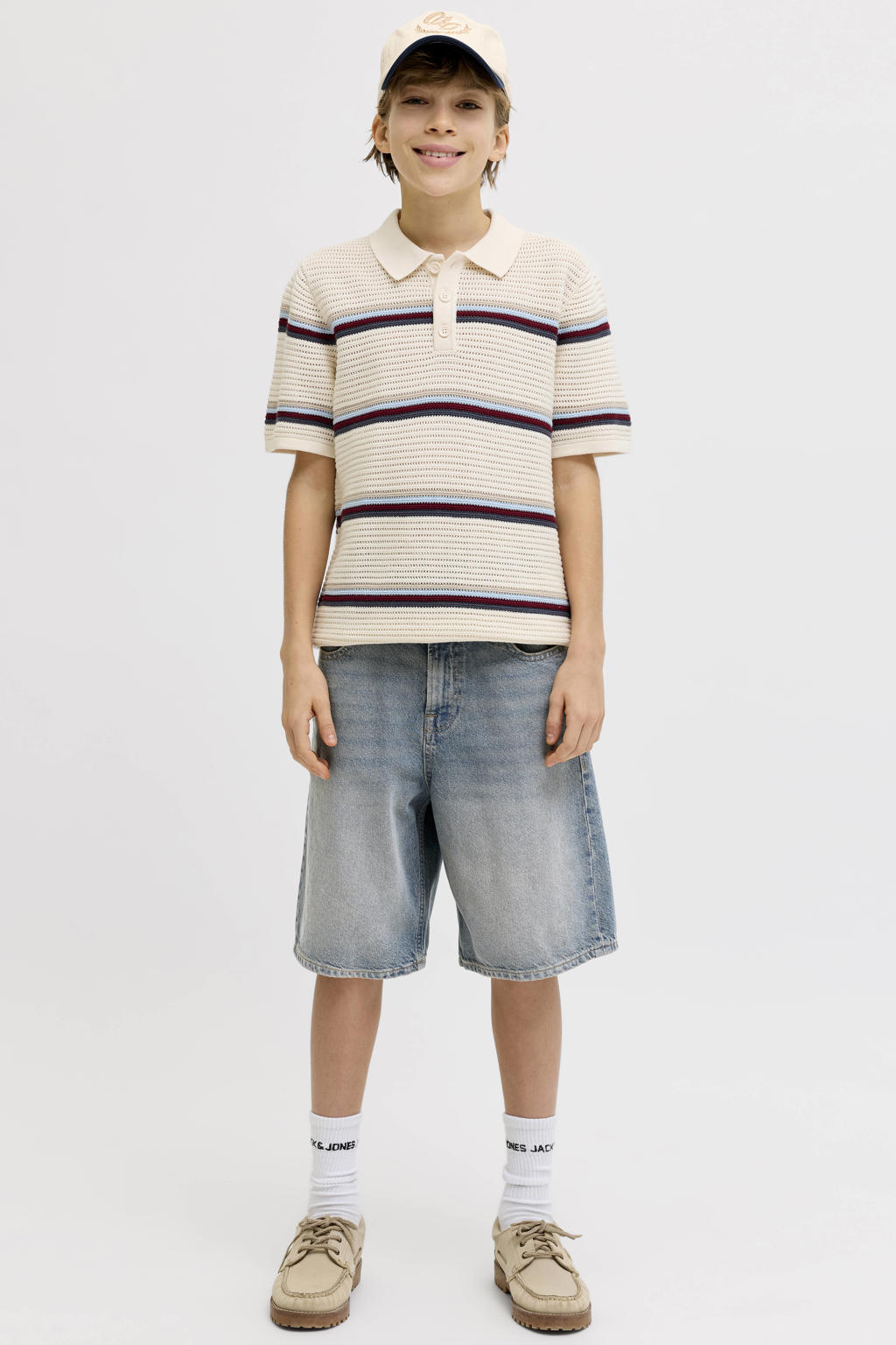 Medium blue denim jongens JACK & JONES JUNIOR baggy short van denim met high waist, rits- en knoopsluiting en effen