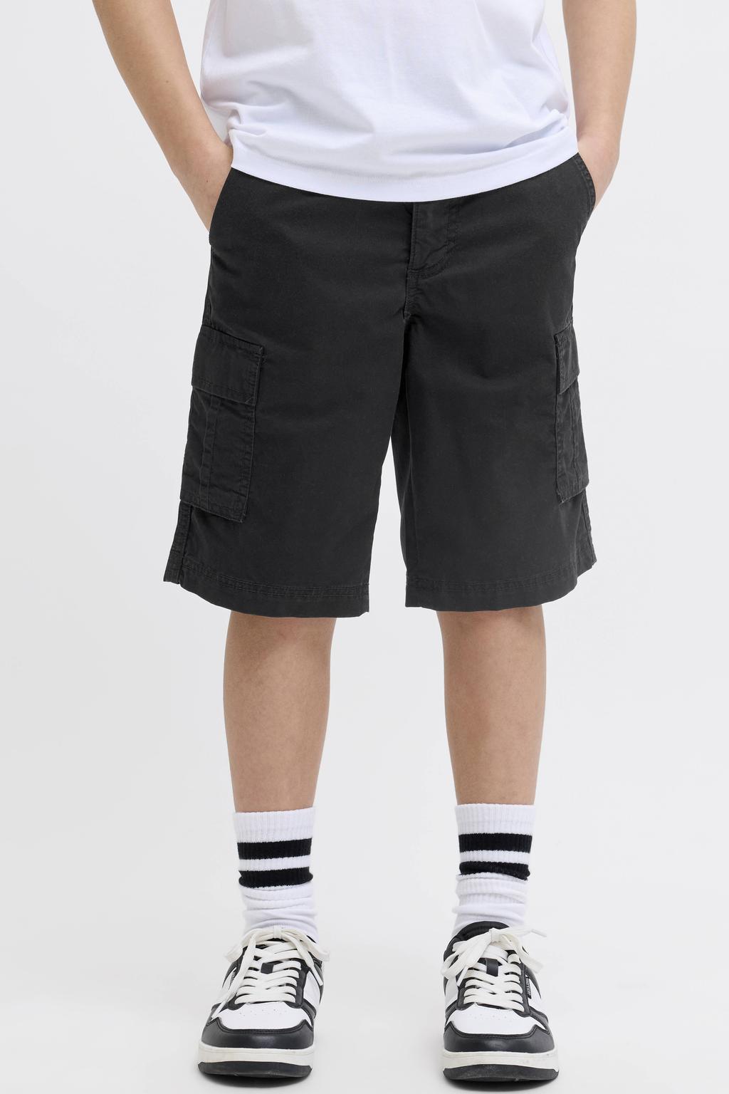 Zwarte jongens JJ REBEL JUNIOR relaxed cargo short van katoen met high waist, rits- en knoopsluiting en effen