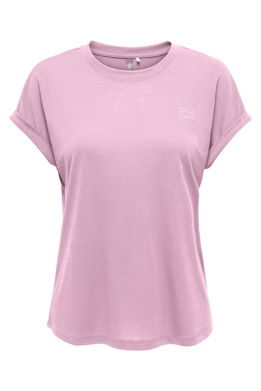 Lichtroze dames ONLY PLAY sport T-shirt van polyester met korte mouwen en ronde hals