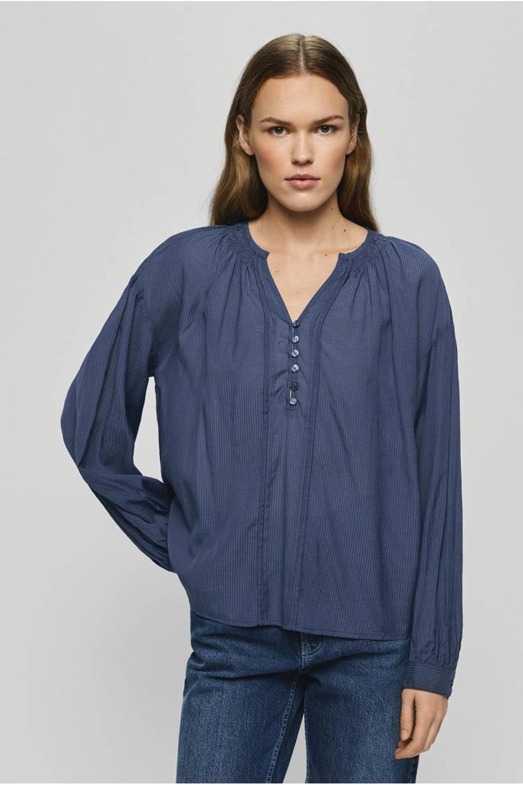 Donkerblauwe dames MSCH Copenhagen blousetop van viscose met effen, lange mouwen, button down sluiting en knoopsluiting