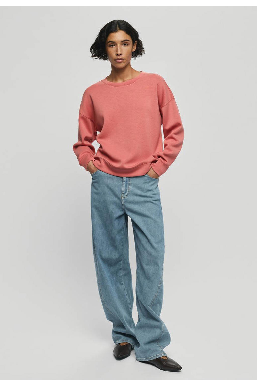 Zalmkleurige dames MSCH Copenhagen sweater van viscose met effen, lange mouwen en ronde hals